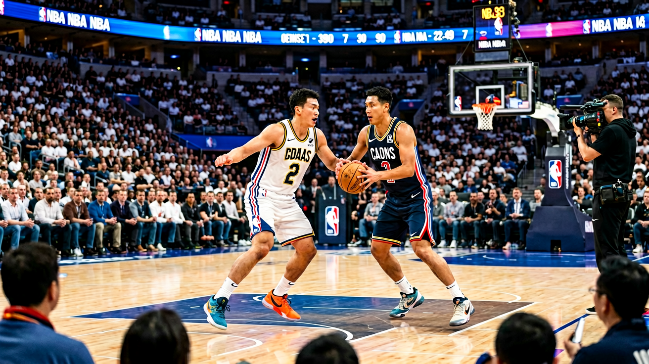 NBA篮球比赛现场直播画面，球员在球场上激烈对抗的精彩瞬间